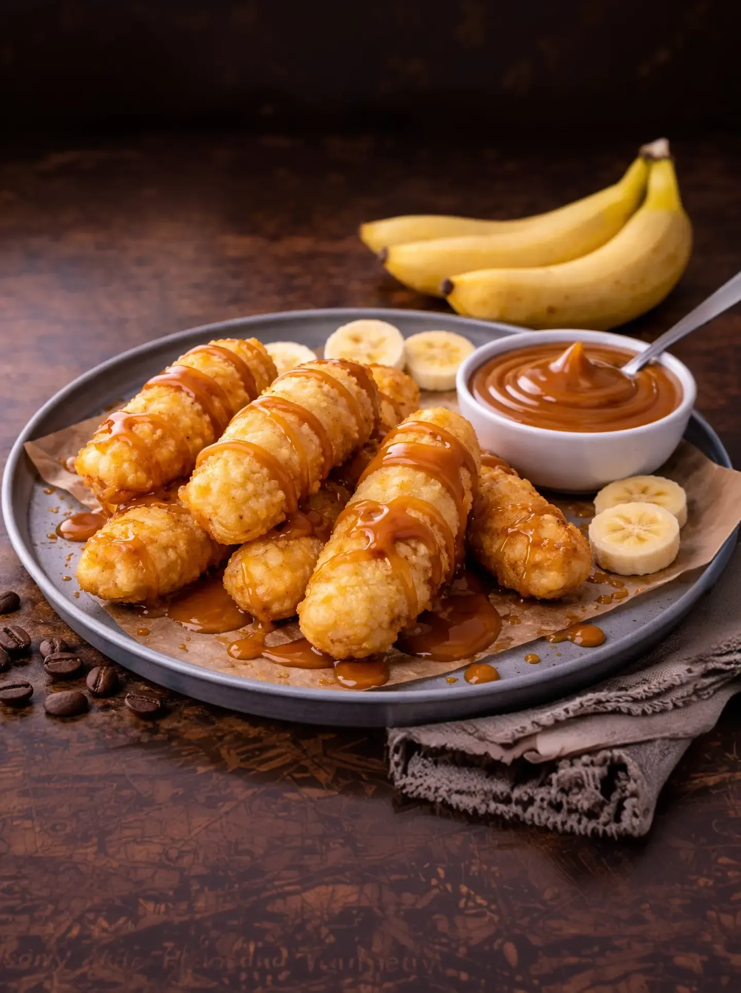 Bananos tempura con salsa inglesa de arequipe Alquería
