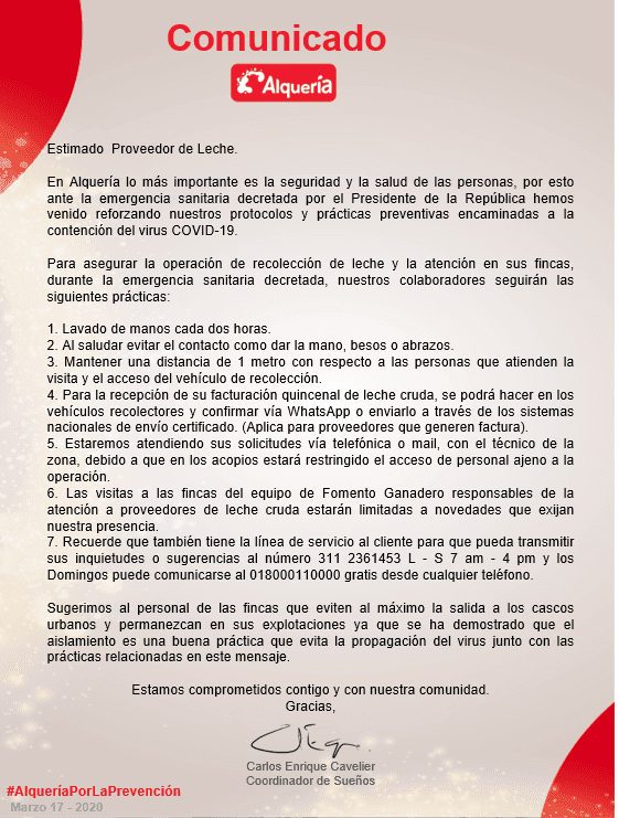 Comunicado proveedores de leche