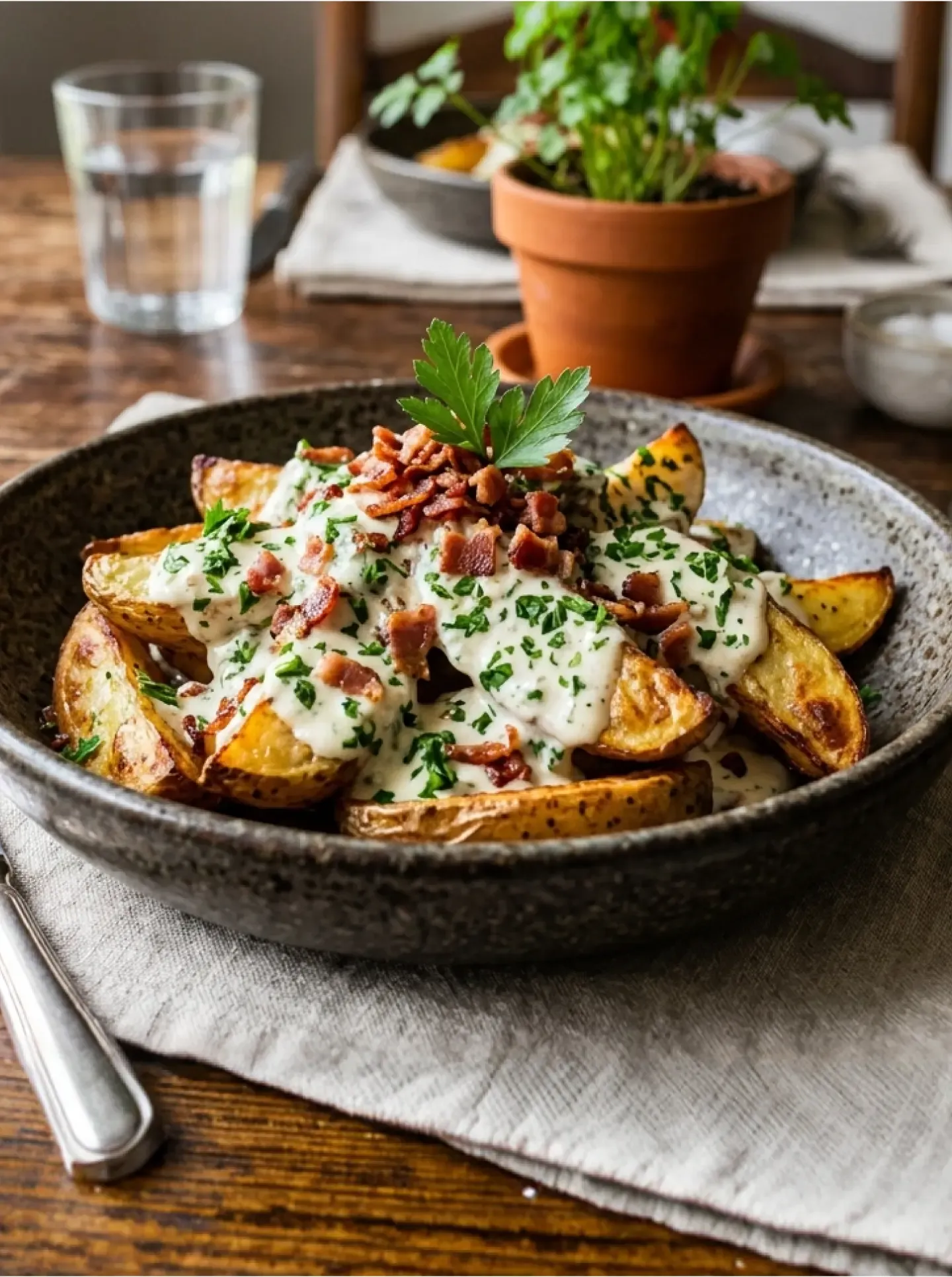 Cascos de papa con salsa de ajo, perejil y tocineta