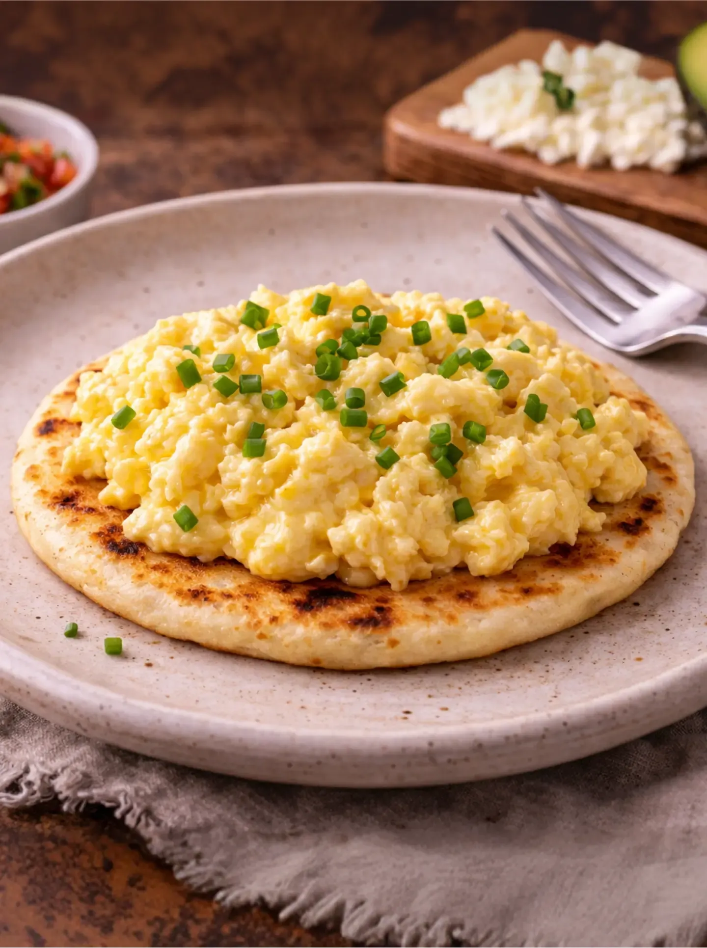 Huevos cremosos con arepa
