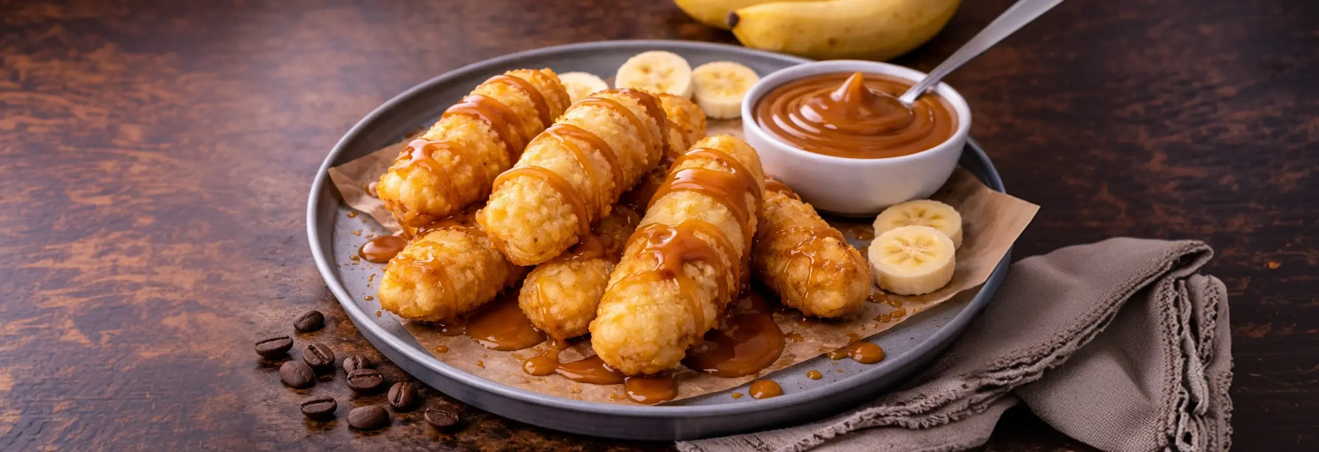 Bananos tempura con salsa inglesa de arequipe Alquería