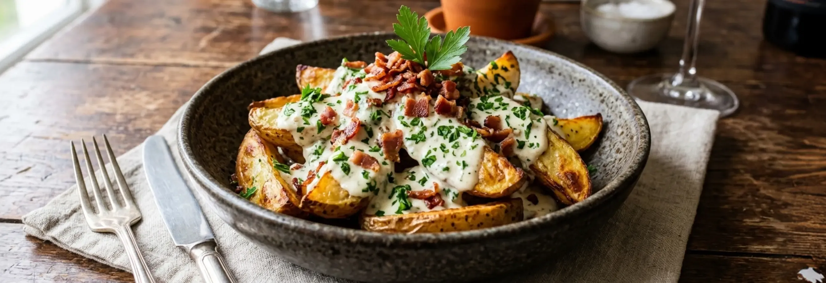 Cascos de papa con salsa de ajo, perejil y tocineta