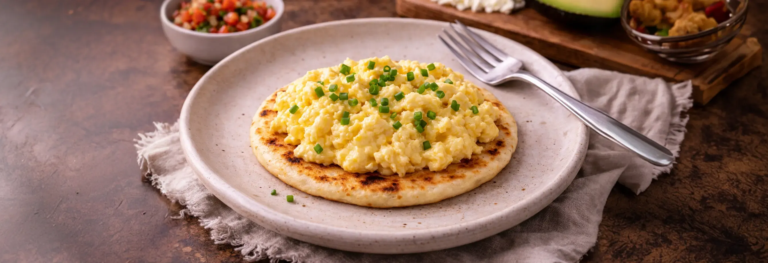 Huevos cremosos con arepa