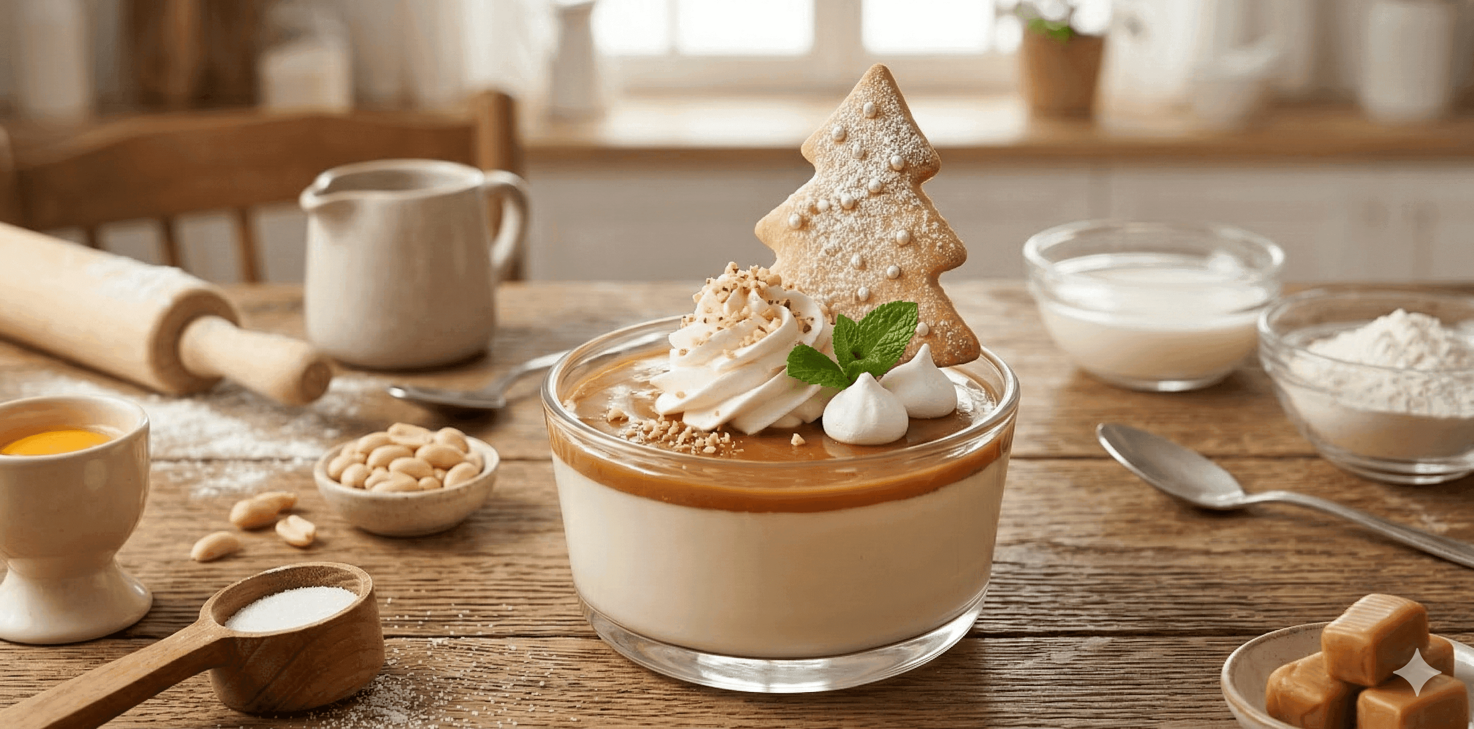 Panna cotta de caramelo con crema libre alquería, arbolito de galleta y crema chantilly alquería