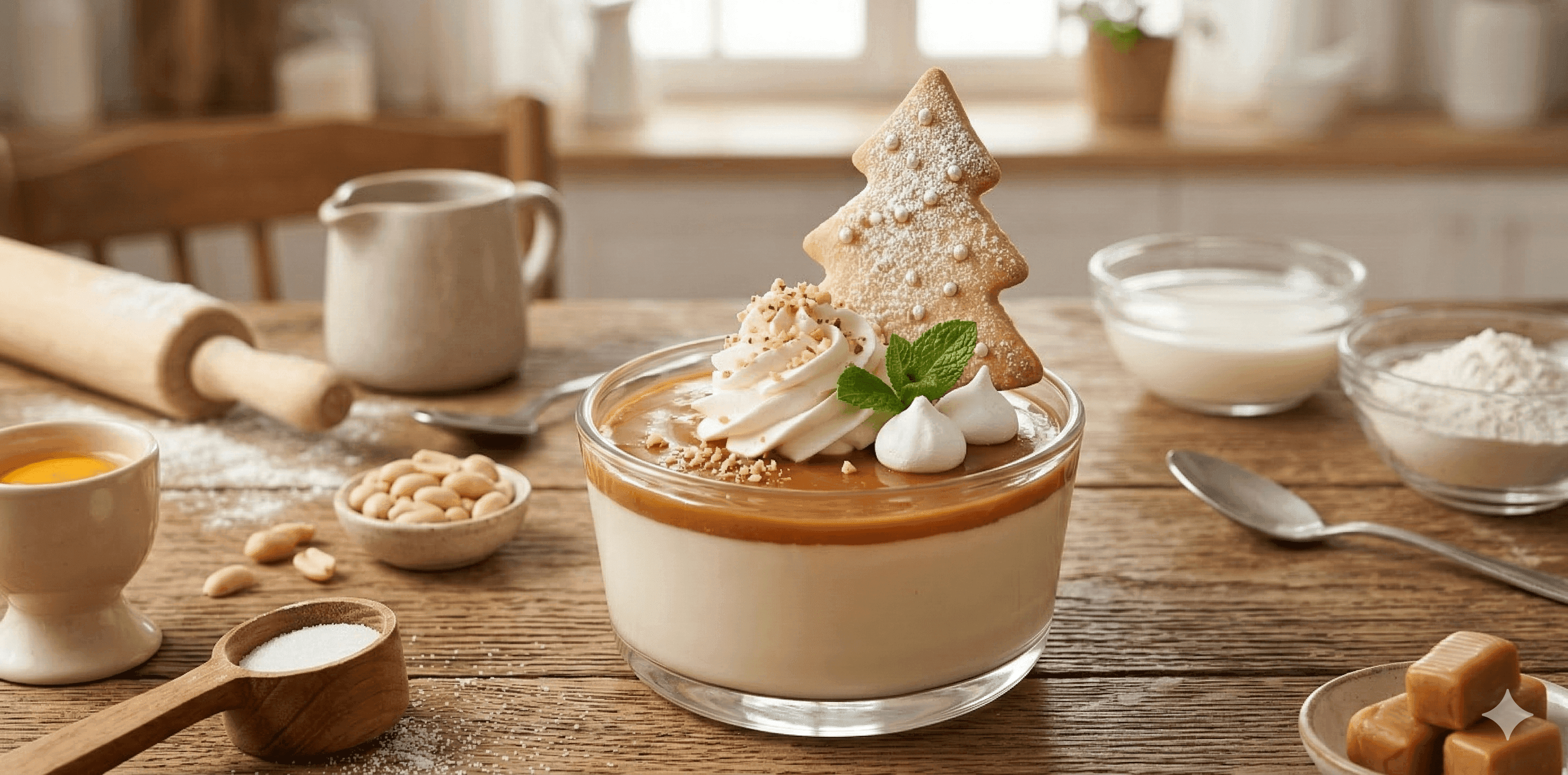 Panna cotta de caramelo con crema libre alquería, arbolito de galleta y crema chantilly alquería