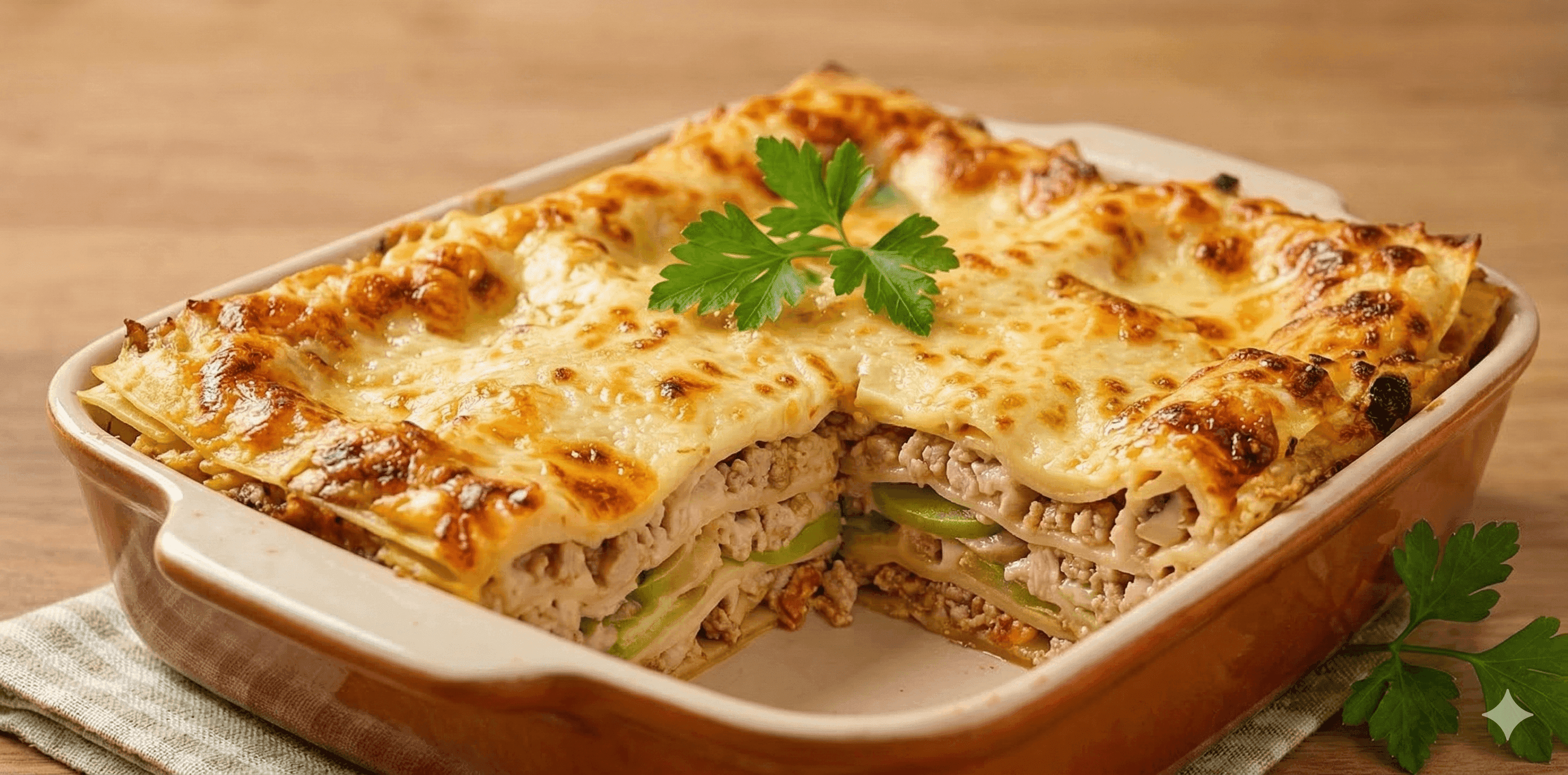 Lasaña de pavo con manzana y crema chantilly Alquería