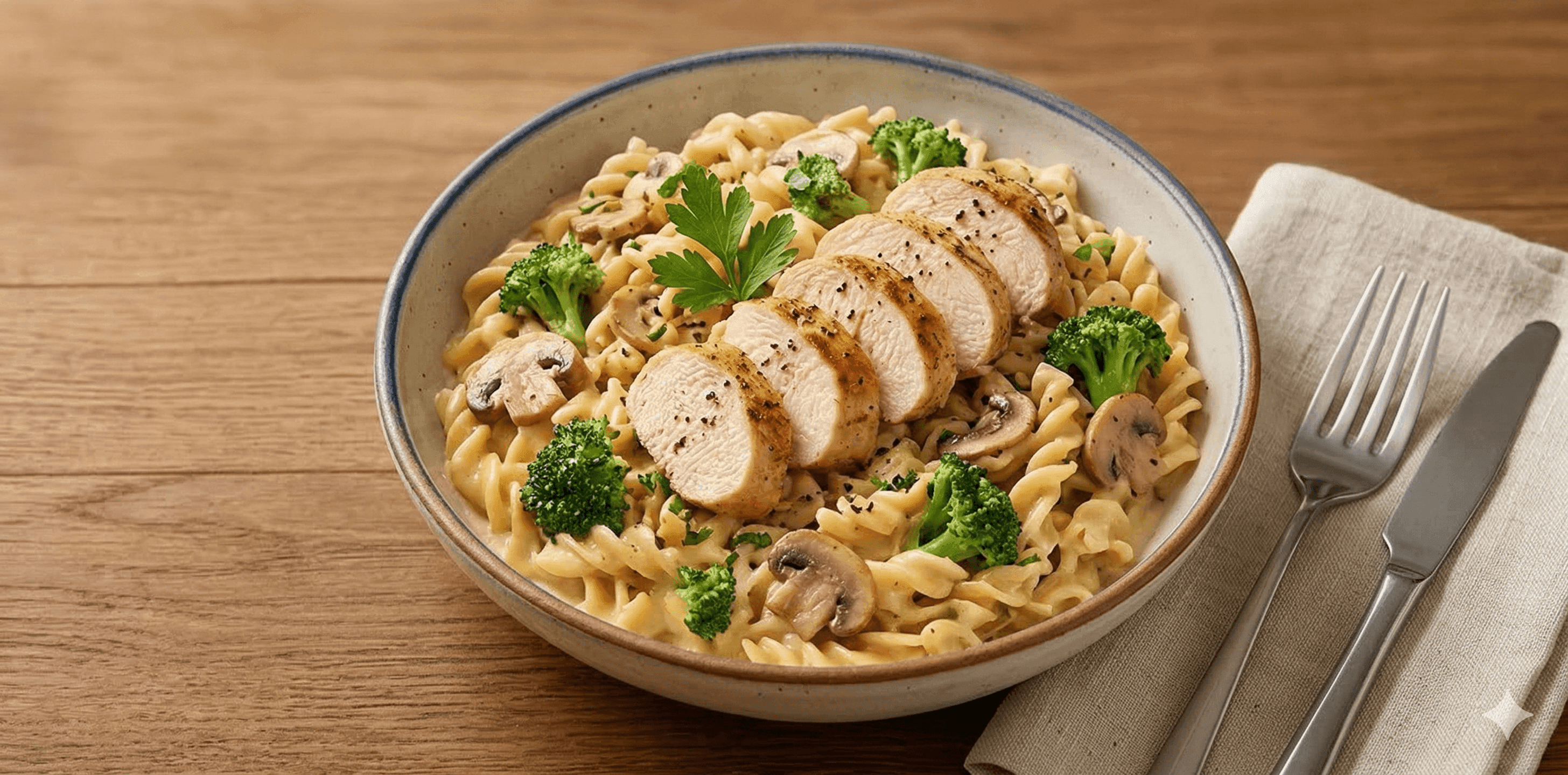 Medallones de pollo y pasta con salsa cremosa