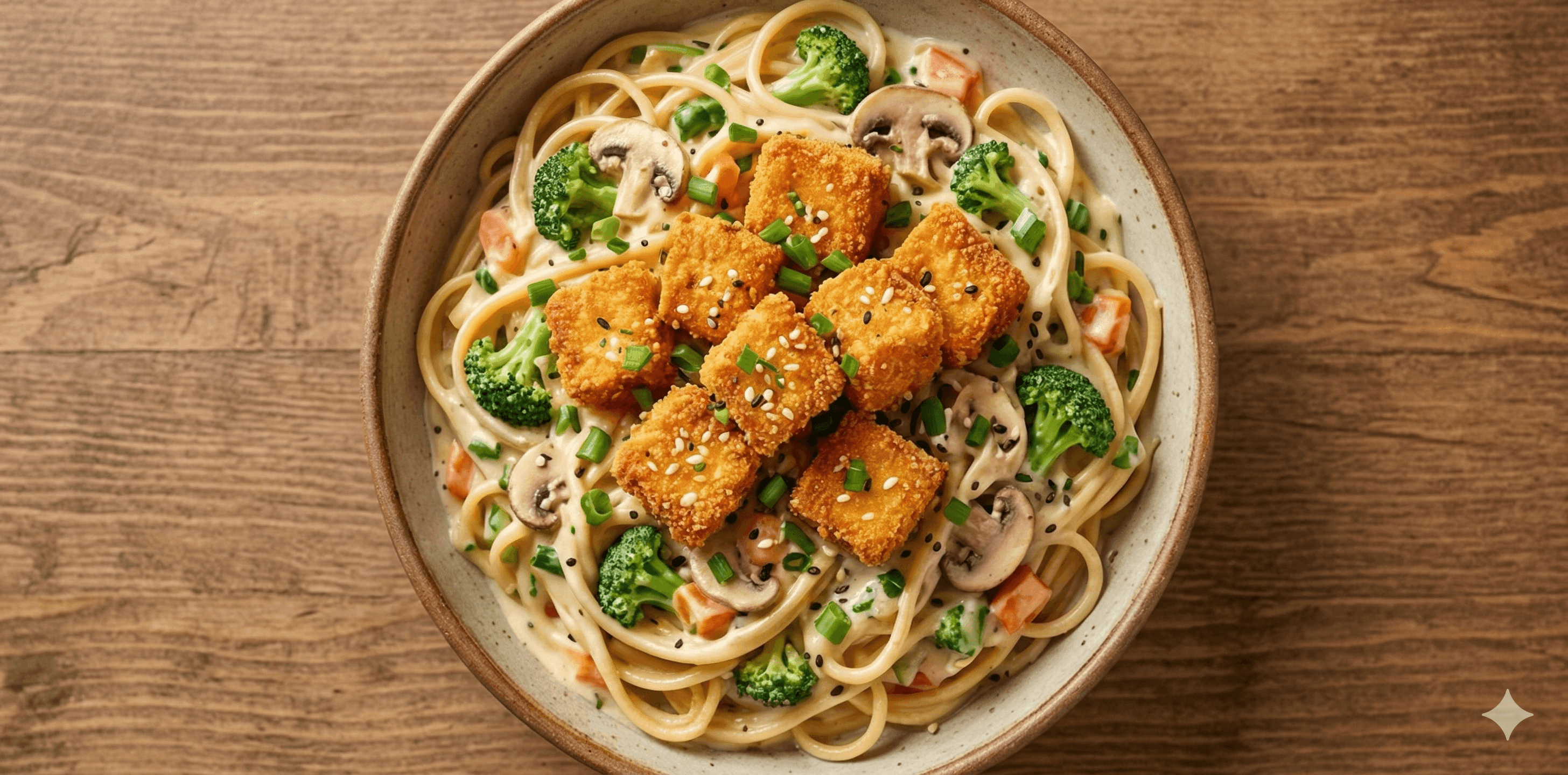 Pasta cremosa con verduras y tofu apanado