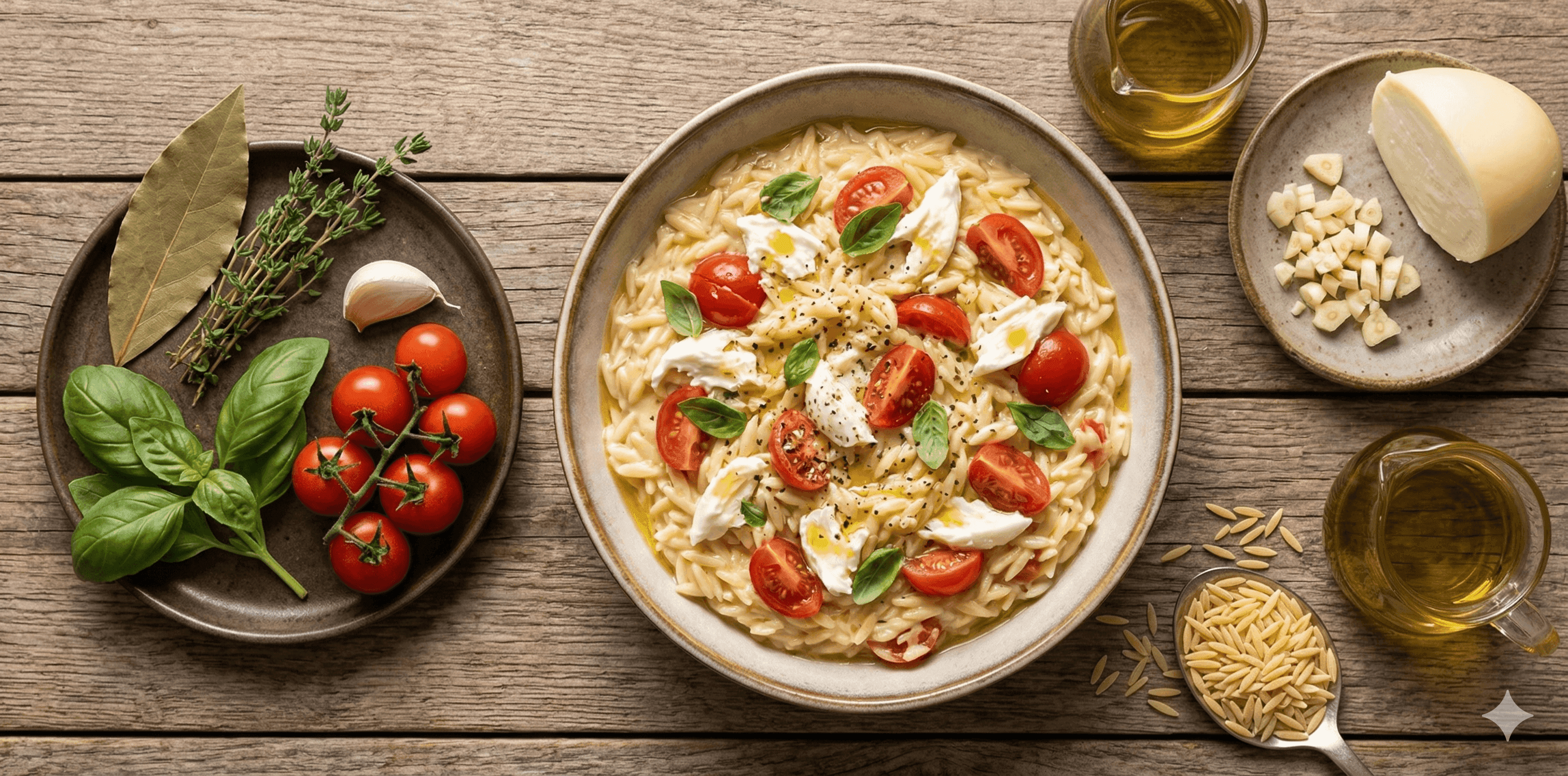 Pasta Orzo con queso pera, tomates cherry y albahaca fresca