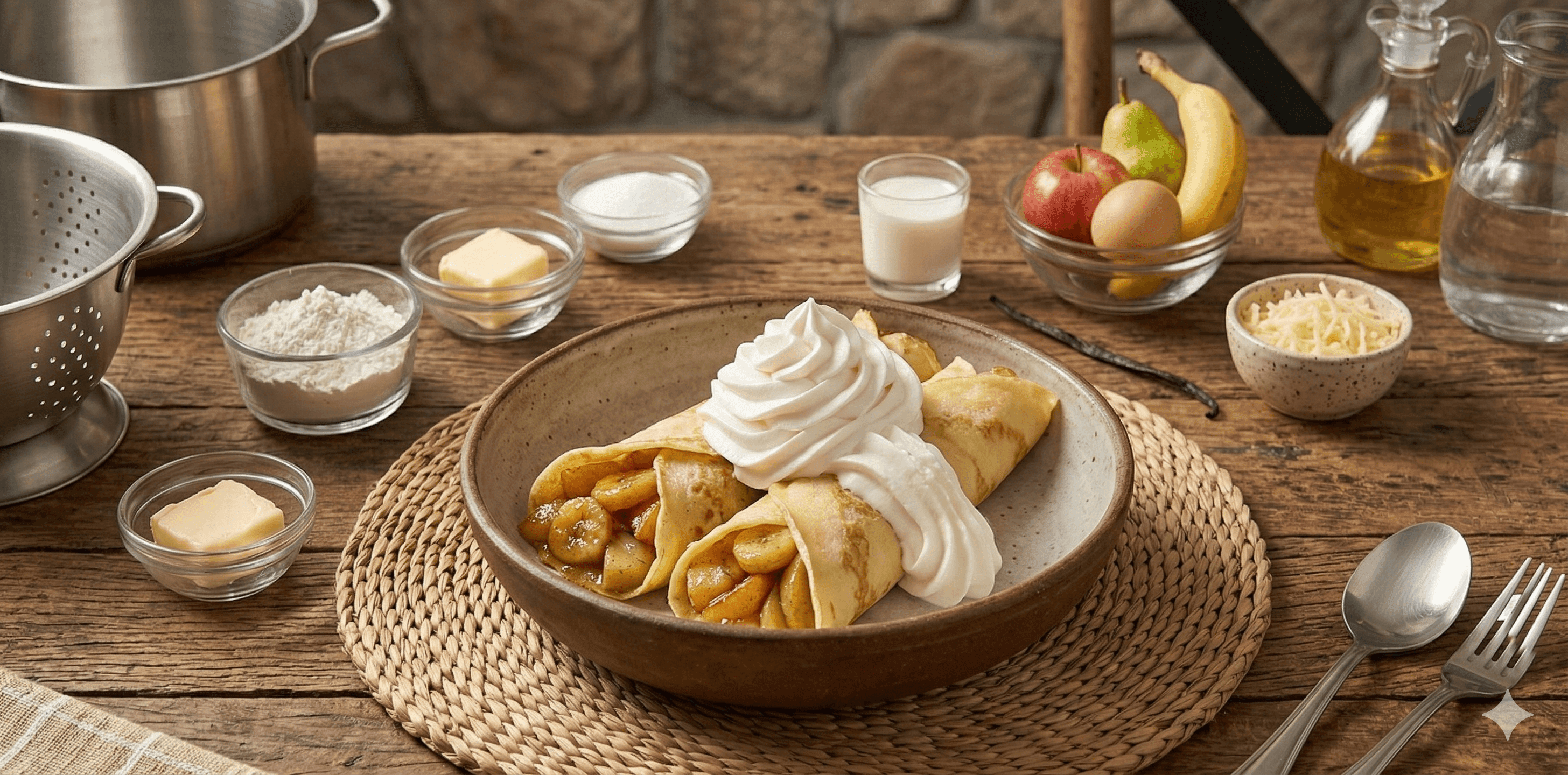Crepes con salteado de frutas y crema chantilly