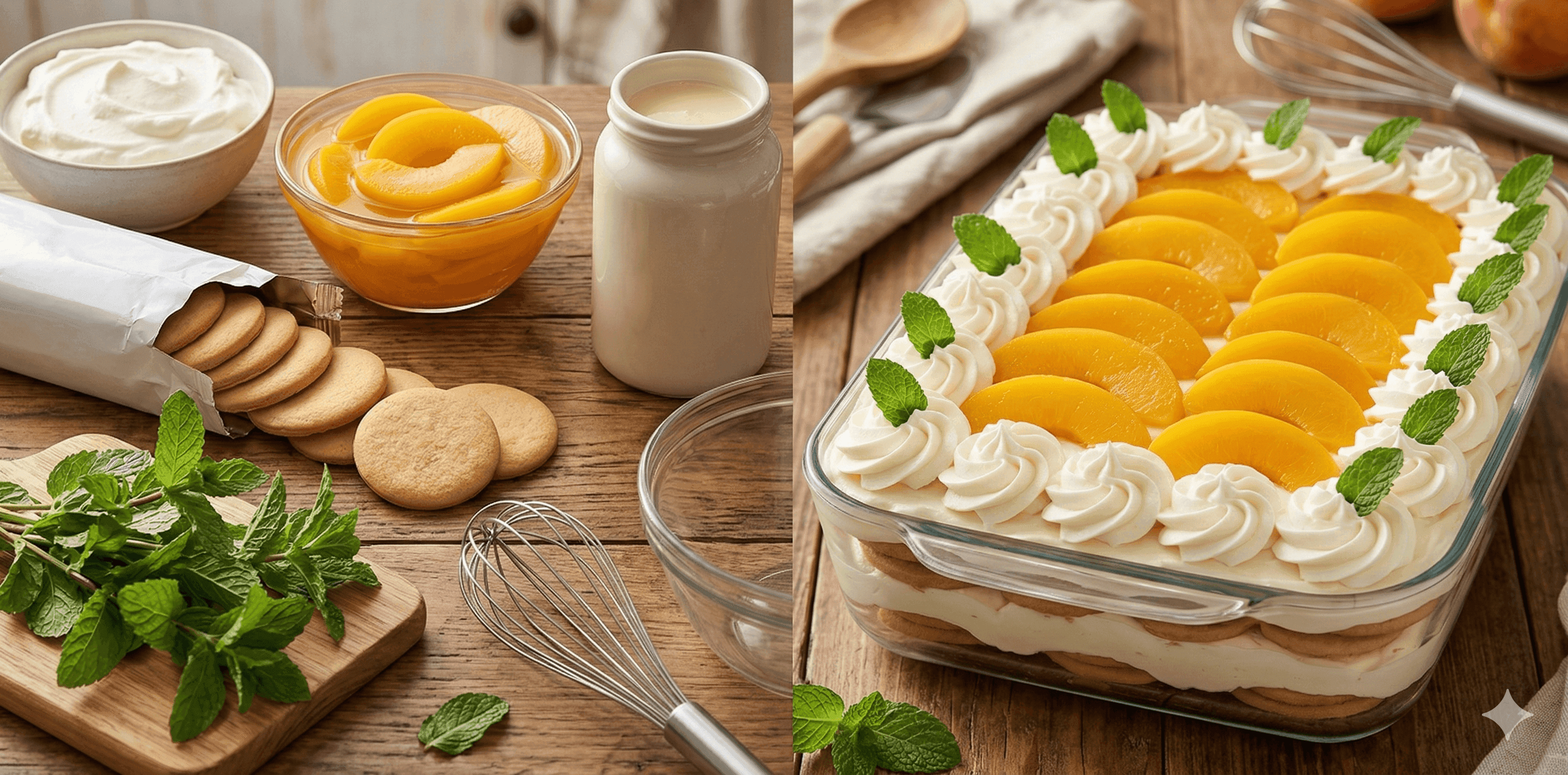 Postre de durazno con galletas y crema chantilly alquería