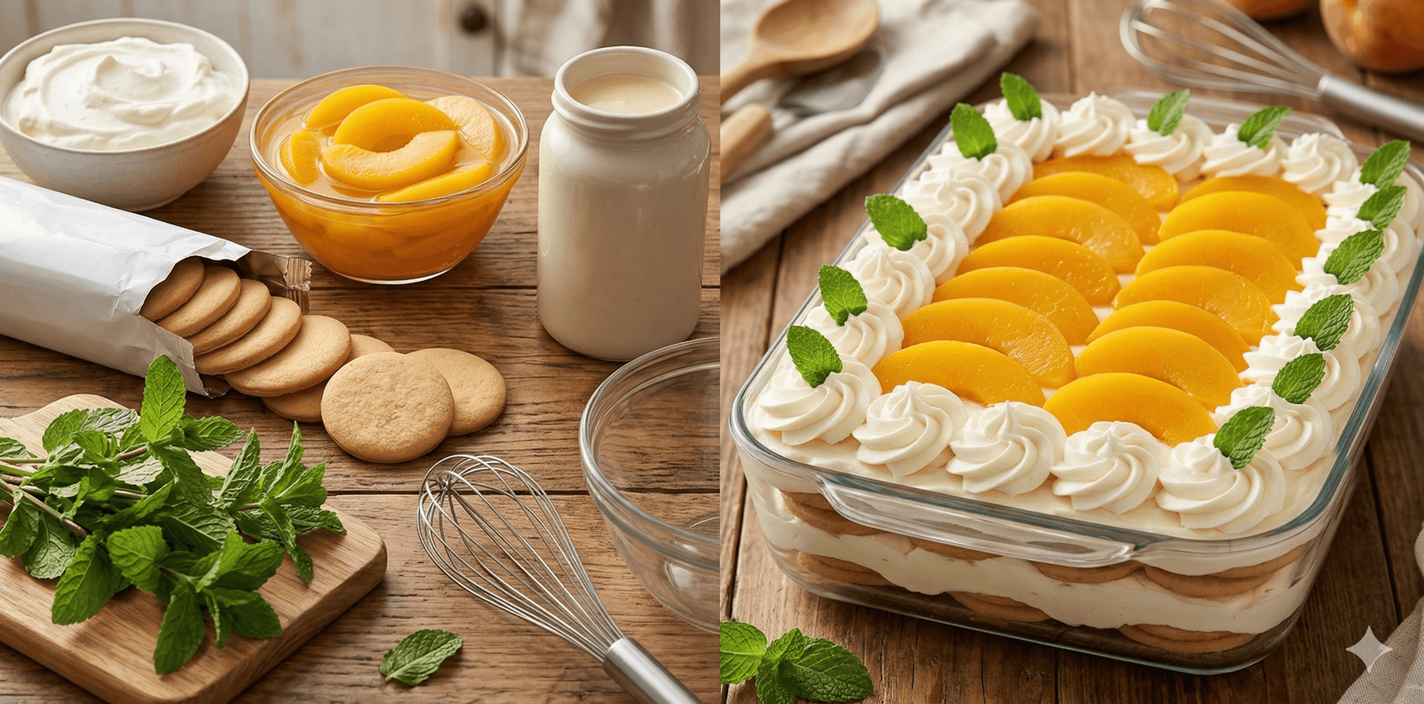 Postre de durazno con galletas y crema chantilly alquería