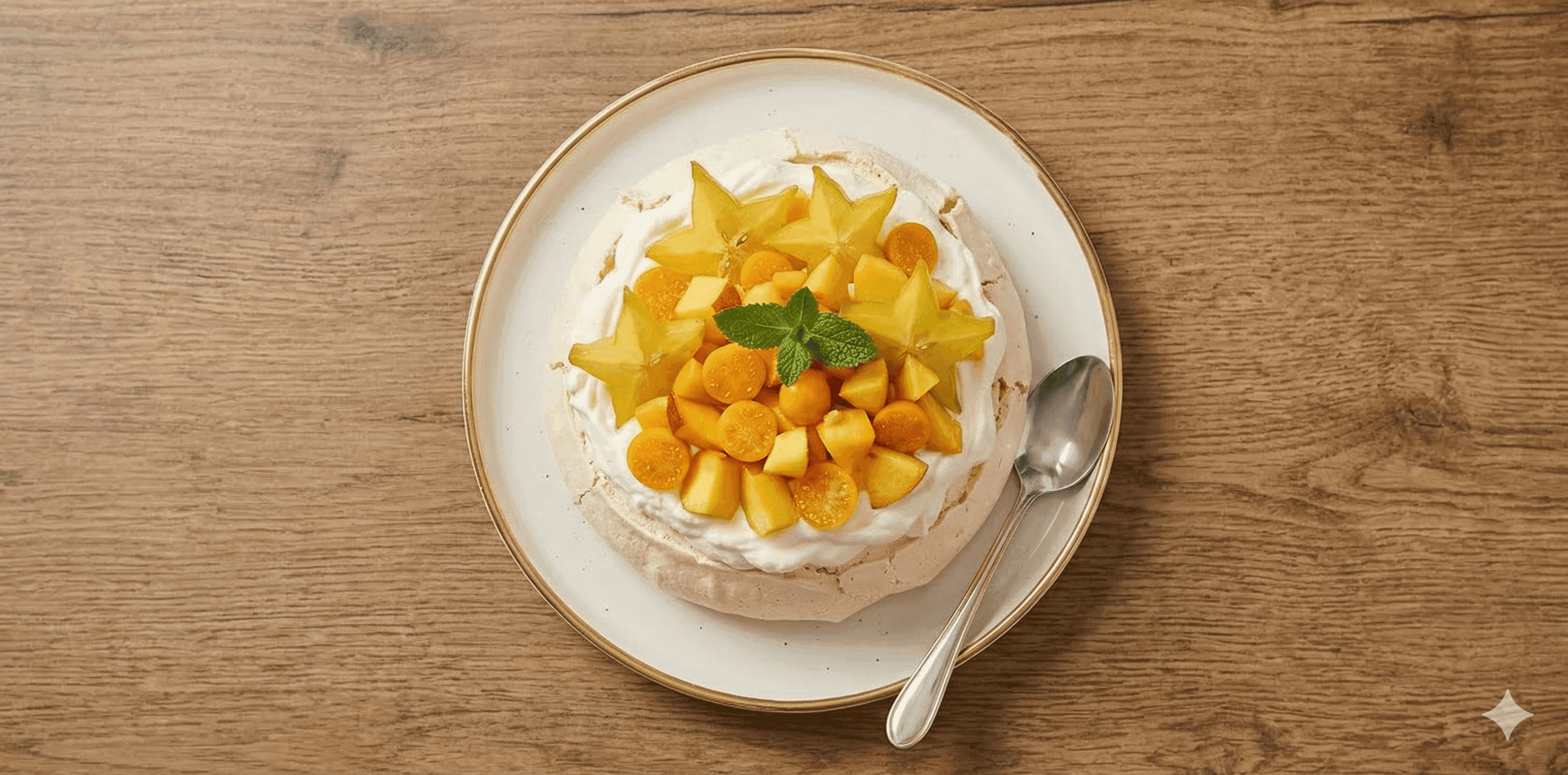 Pavlova con crema chantilly alquería y frutos amarillos